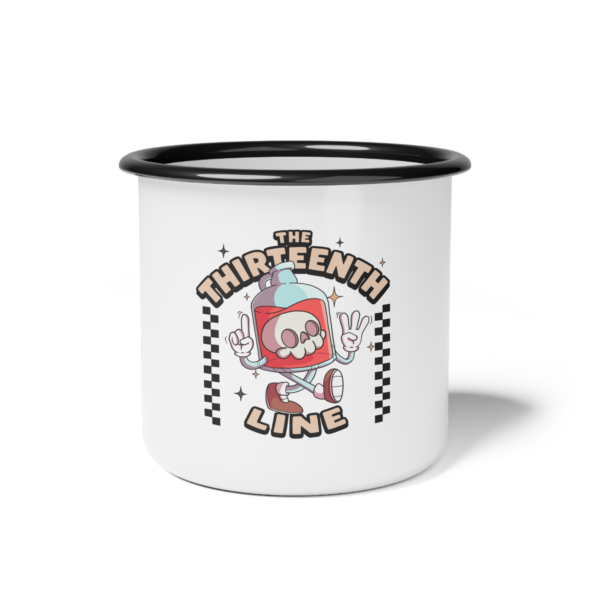 “Bottle brain” Enamel Camp Cup — 'The Thirteenth Line' Retro Skate Skull Camper Mug