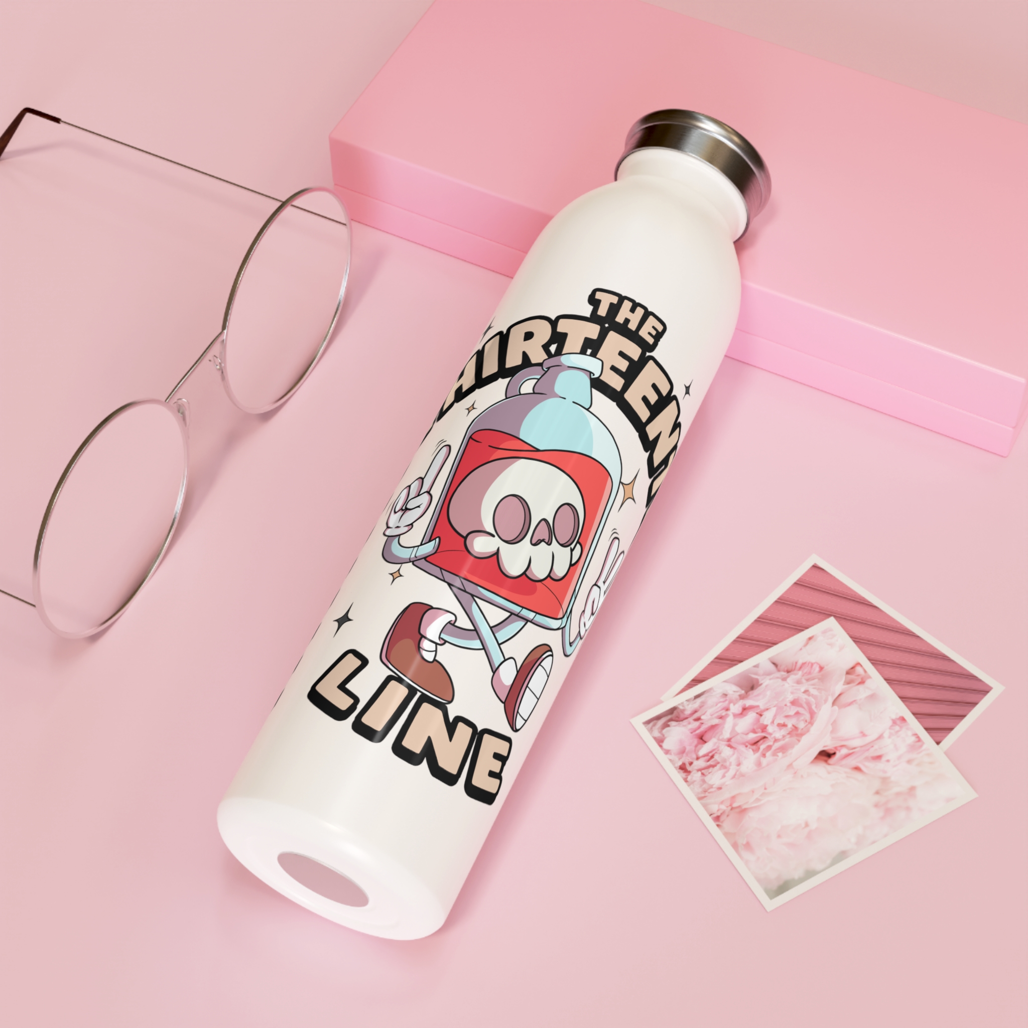 “BOTTLE BRAIN” Slim Water Bottle — Retro Skull Cartoon 'The Thirteenth Line' Stainless Steel Bottle - Image 3