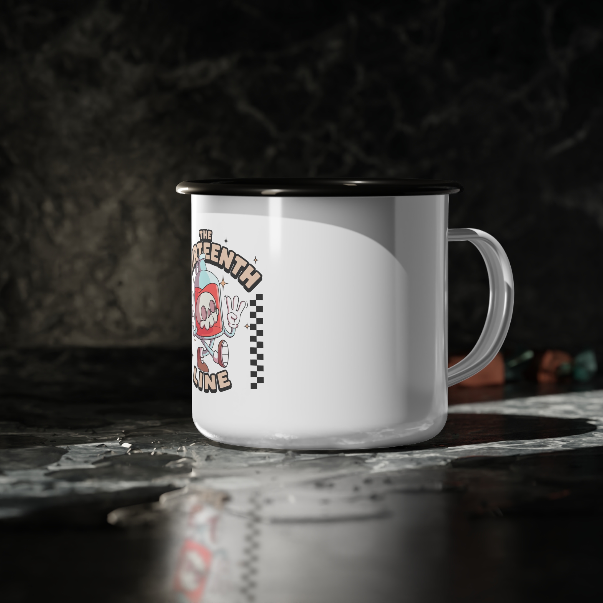 “Bottle brain” Enamel Camp Cup — 'The Thirteenth Line' Retro Skate Skull Camper Mug - Image 3