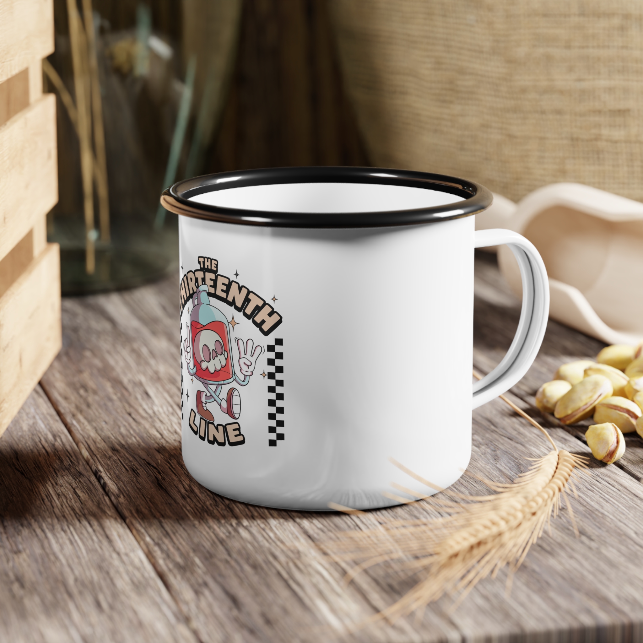 “Bottle brain” Enamel Camp Cup — 'The Thirteenth Line' Retro Skate Skull Camper Mug - Image 2
