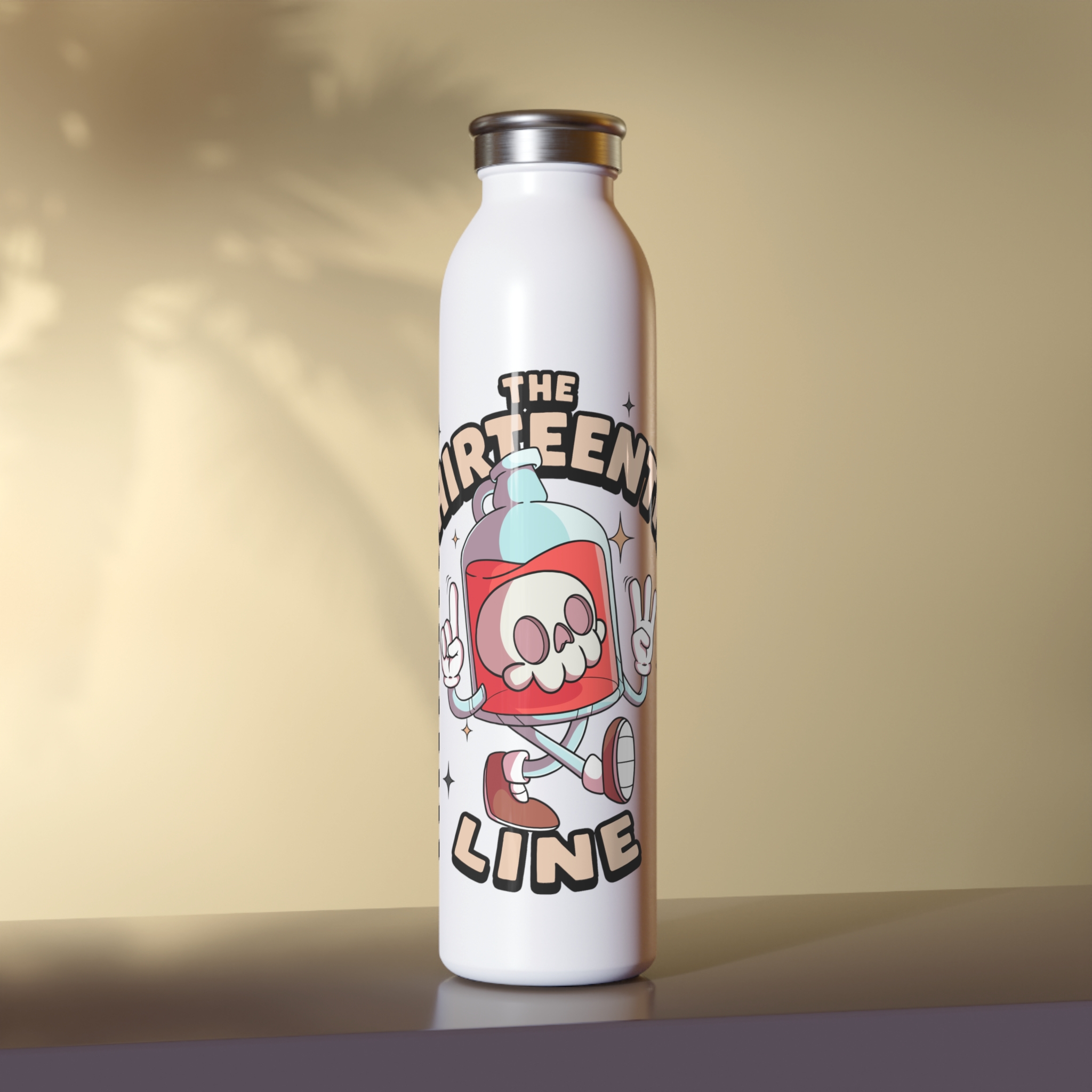 “BOTTLE BRAIN” Slim Water Bottle — Retro Skull Cartoon 'The Thirteenth Line' Stainless Steel Bottle - Image 2