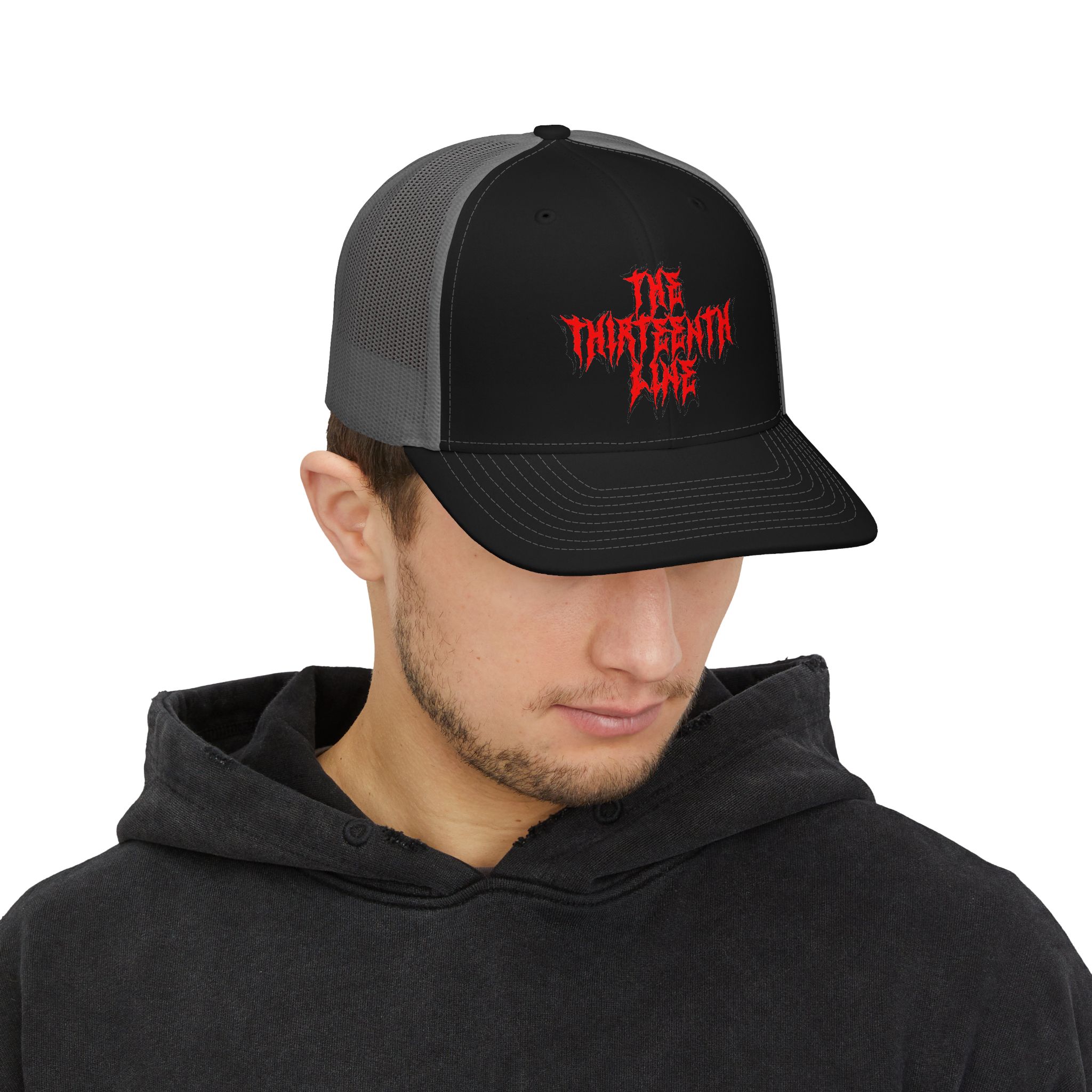 “13” Trucker Cap — 'The Unforgiven One' Red Gothic Logo