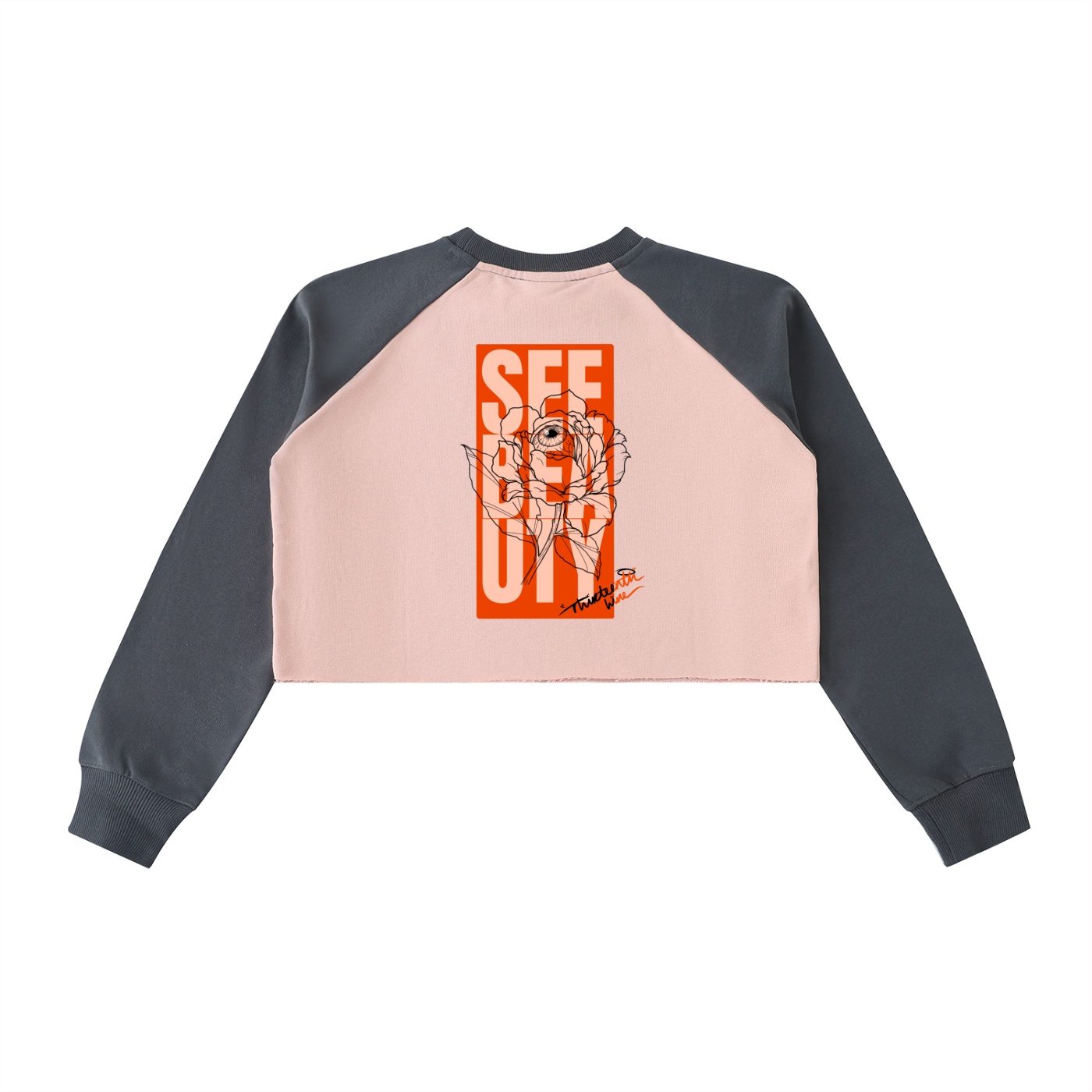 ”SEE BEAUTY” Raw-Hem Color-Block Raglan Crop Sweatshirt - Image 3