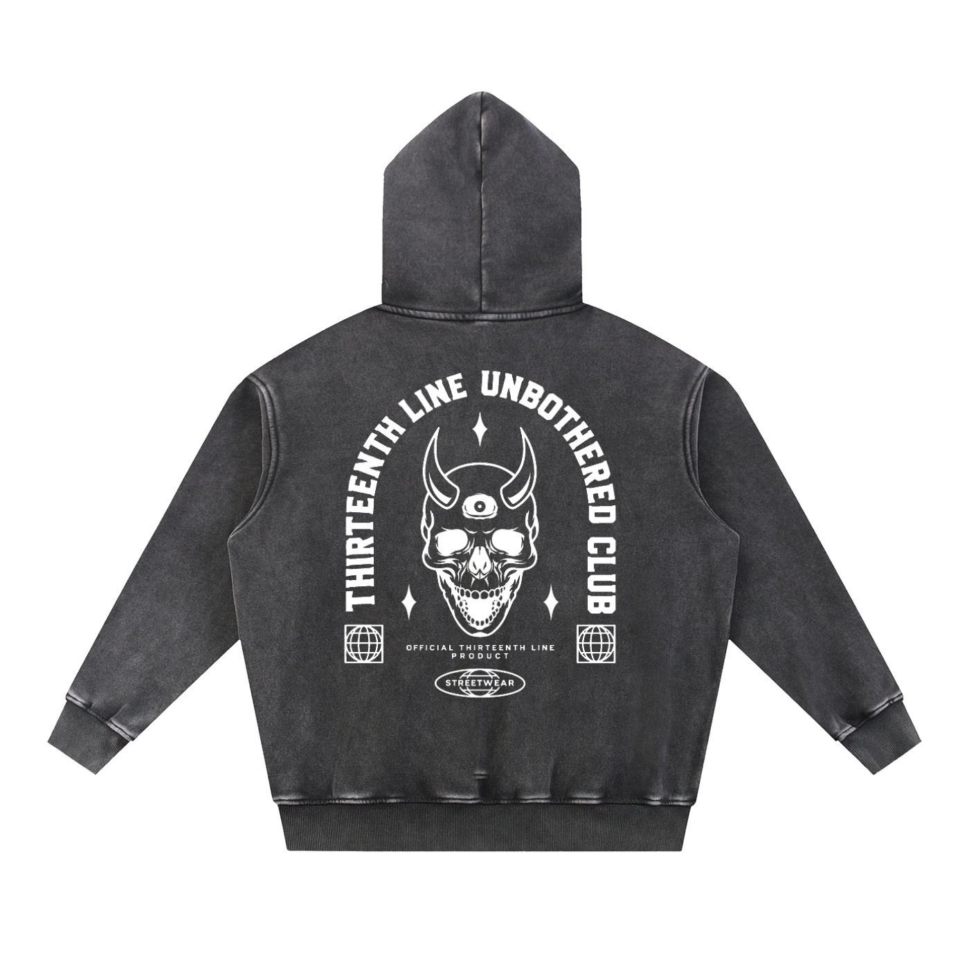 “UNBOTHERED CLUB SKULL”Snow Wash Fleece Oversize Hoodie - Image 2