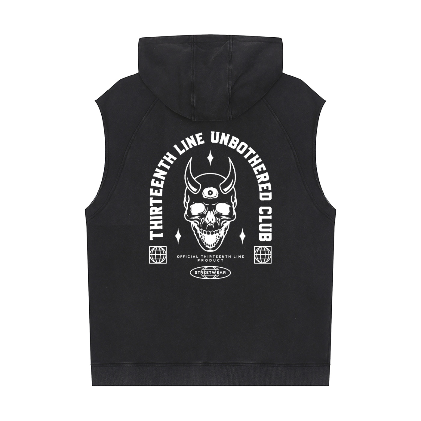 “UNBOTHERED CLUB SKULL”Snow Washed Sleeveless Hoodie - Image 2